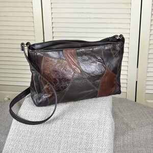 American Vintage Rich Brown Leather Patchwork Purse 80s 90s Shoulder Bag Handbag